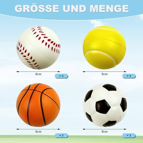 Scettar 12 Mini-Sportbälle, Stressabbau für Kinder und Erwachsene - Basketball, Baseball, Tennis