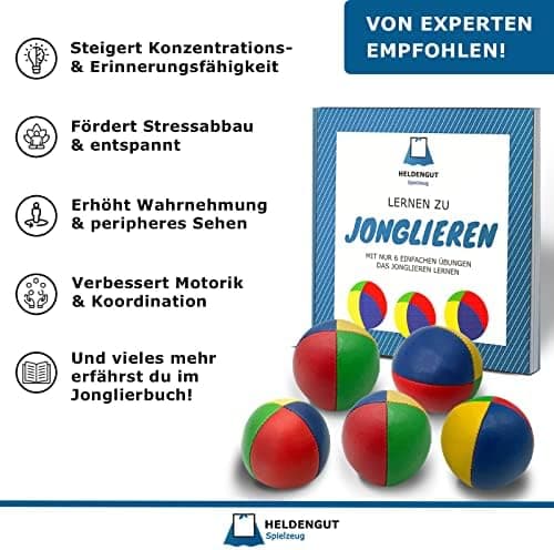 Jonglierbälle 5er Set – Profi-Beanspheres für Kinder & Anfänger – Geschicklichkeitsspeile, Soft Ball mit Buch