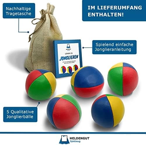 Jonglierbälle 5er Set – Profi-Beanspheres für Kinder & Anfänger – Geschicklichkeitsspeile, Soft Ball mit Buch