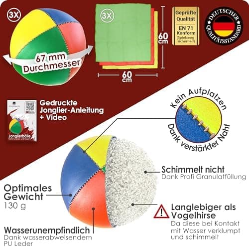 3X Qualitäts Jonglierbälle + 3 Tücher, ideal für Anfänger, wasserunempfindlich und leichtgewichtig (130g), Jonglierball
