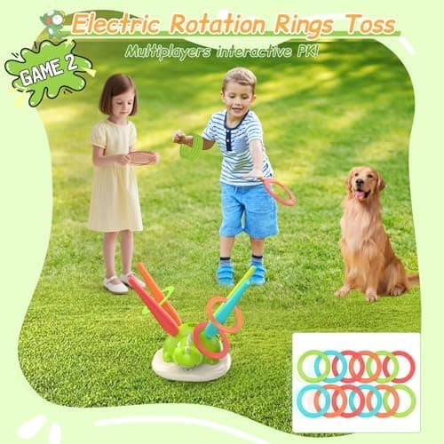 IMAYCC 3 in 1 Indoor Outdoor Spiele für Kinder: Ringwurf, Rakete und Seilspringmaschine - 4 Geschwindigkeiten, musikalis