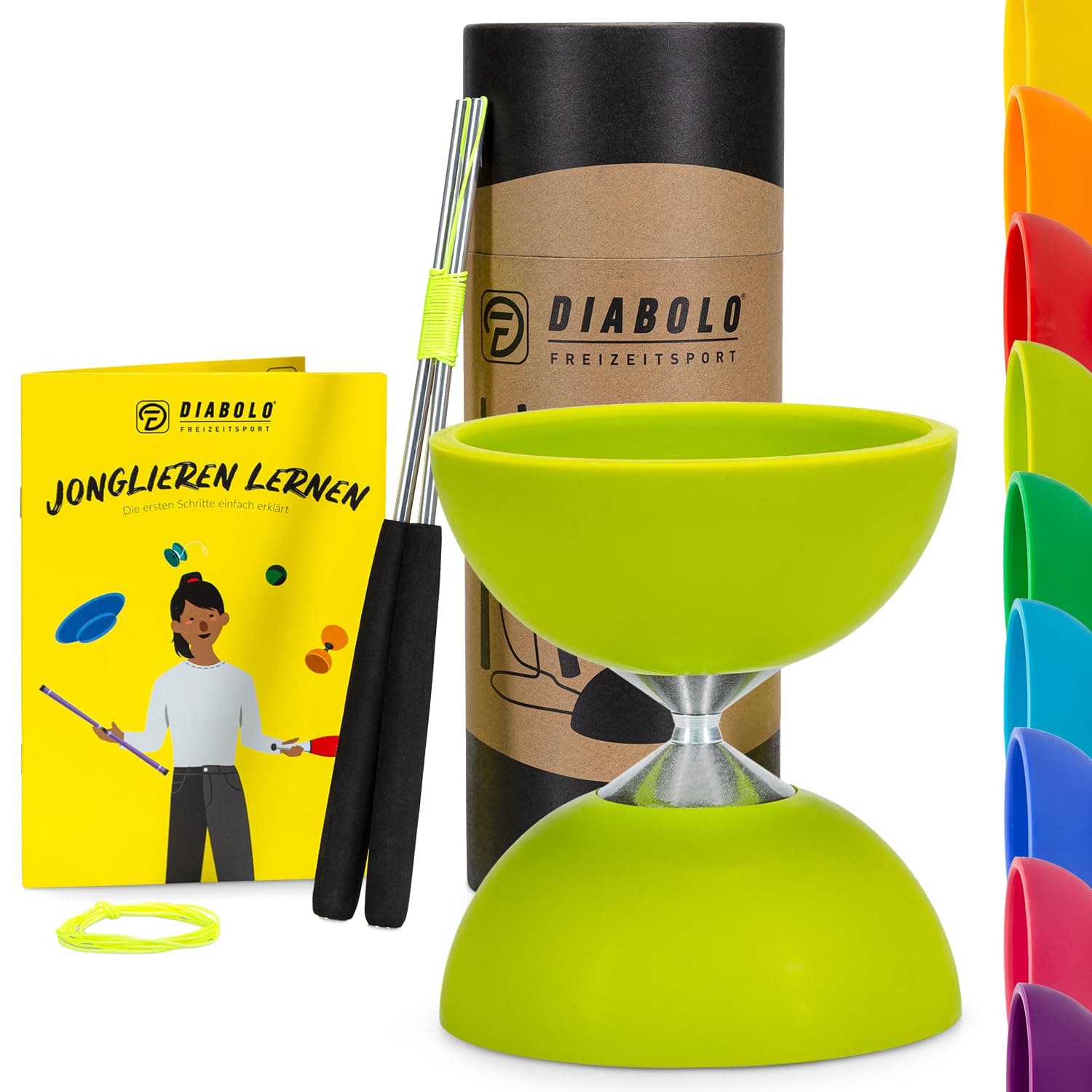 Diabolo Freizeitsport Jonglier-Set Basic (hellgrün), ideal zum Verschenken für Kinder & Einsteiger - Aluminum Handsticks