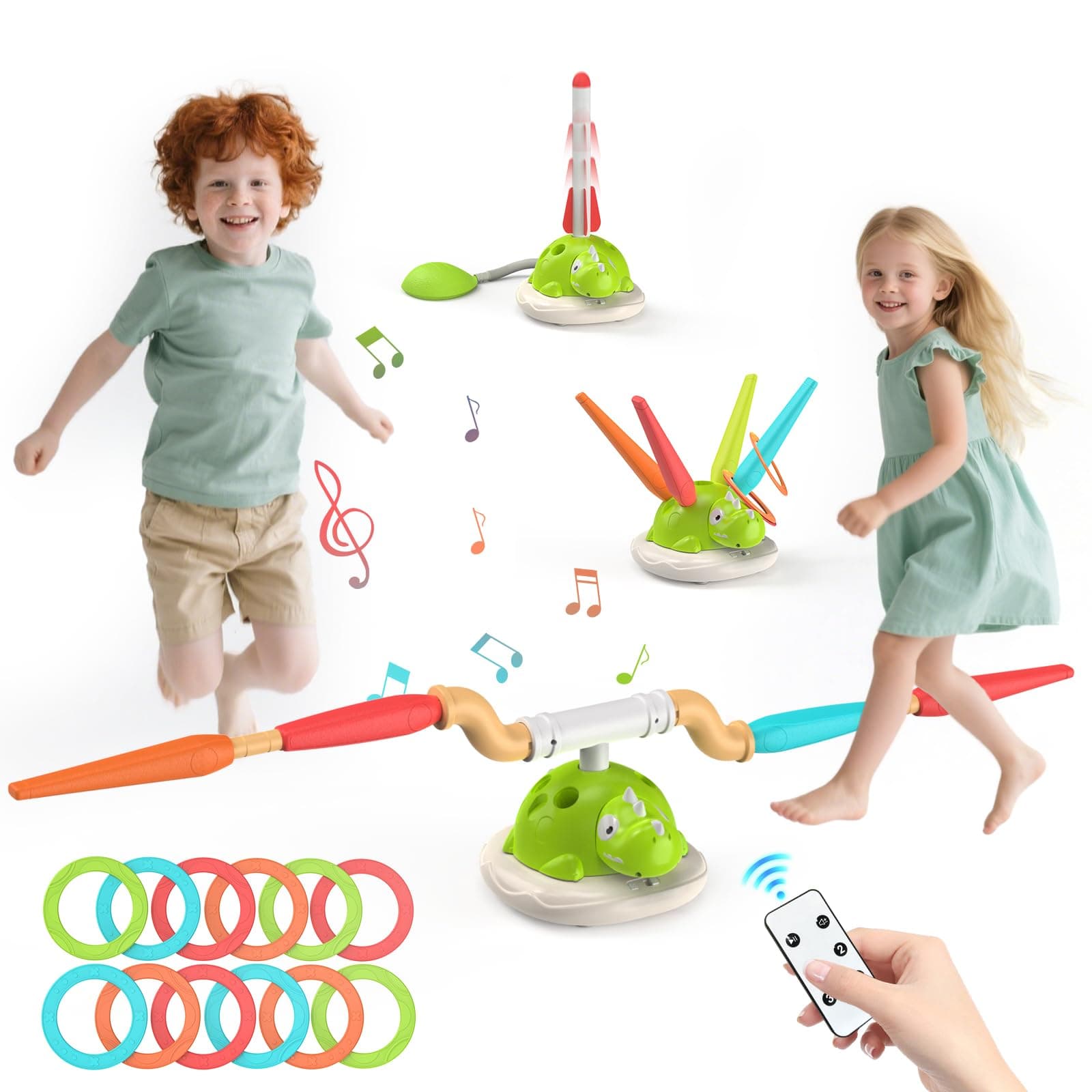 IMAYCC 3 in 1 Indoor Outdoor Spiele für Kinder: Ringwurf, Rakete und Seilspringmaschine - 4 Geschwindigkeiten, musikalis